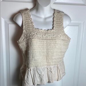 Japna  Crochet Cream Smocked Peplum Sleeveless Tank Top Size Large